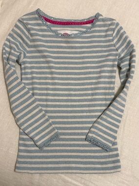 Mini Boden Pointelle Knit Striped + Shimmery Long-Sleeve w/Dainty Lace Trim